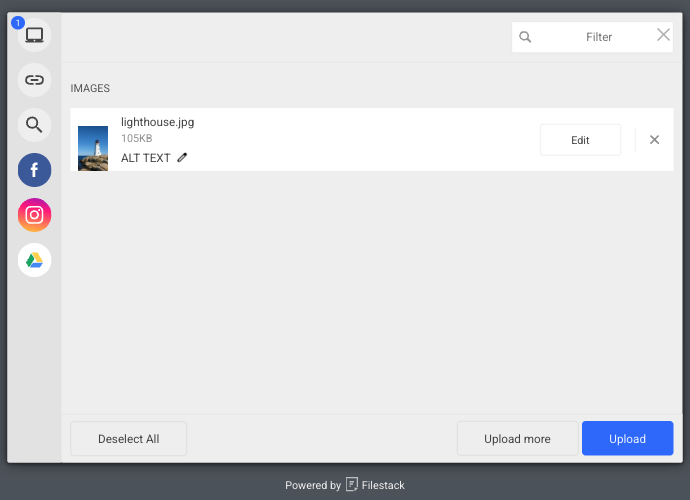 The Filestack picker review list showing one selected file before upload