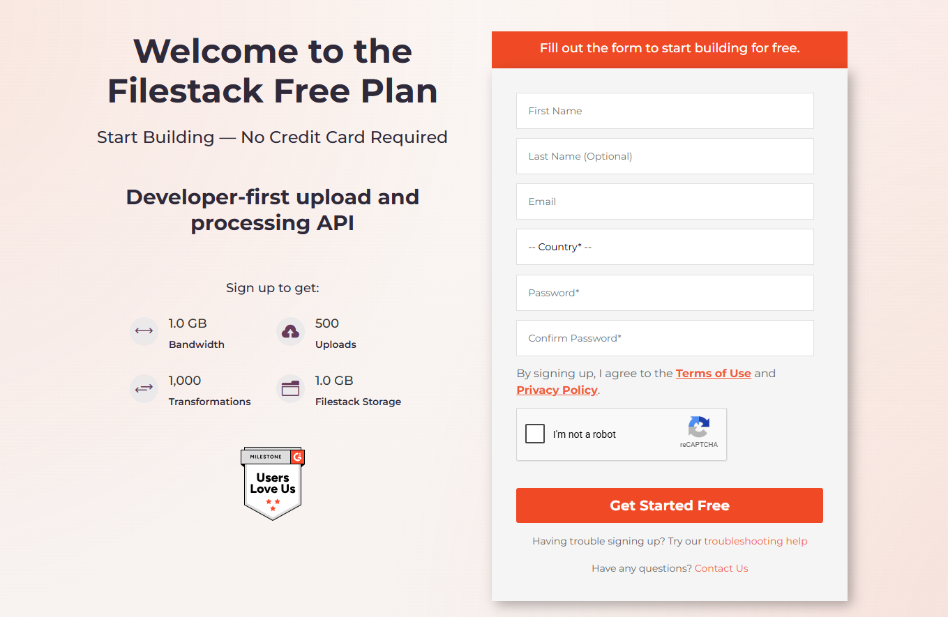 The Filestack free signup form showing the free plan allowance beside the account fields