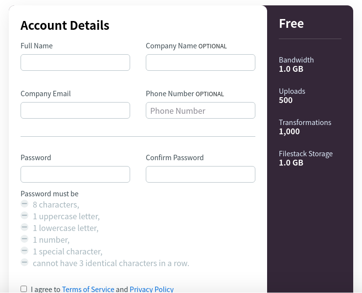 The Filestack free signup form showing the free plan allowance beside the account fields