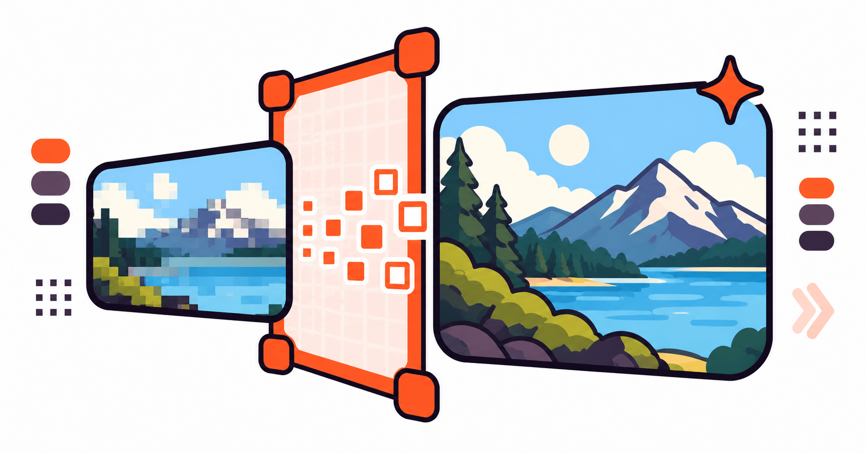 A pixelated image passes through an upscale frame and becomes sharper